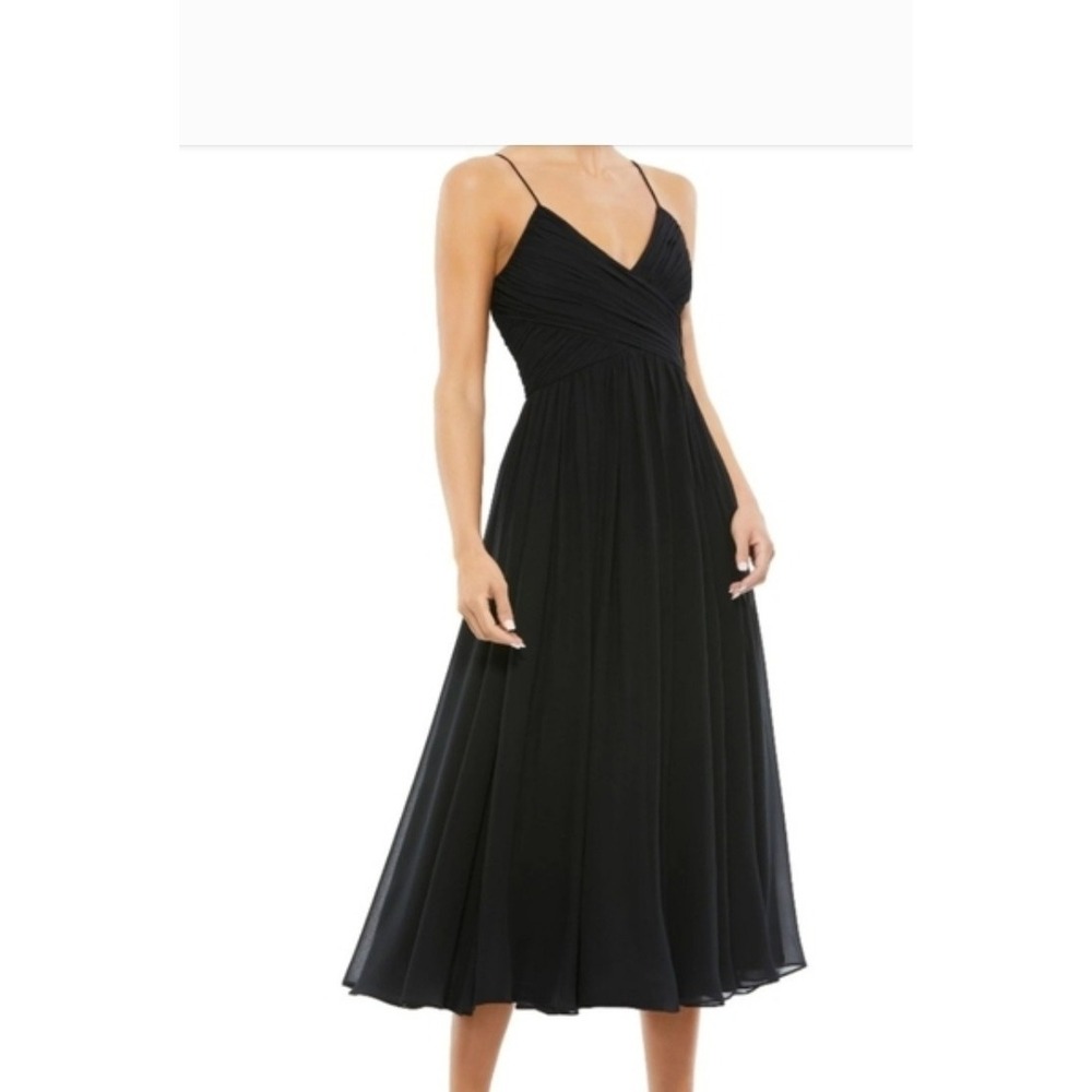 Mac Duggal Black V-Neck Spaghetti-Strap Midi Dress